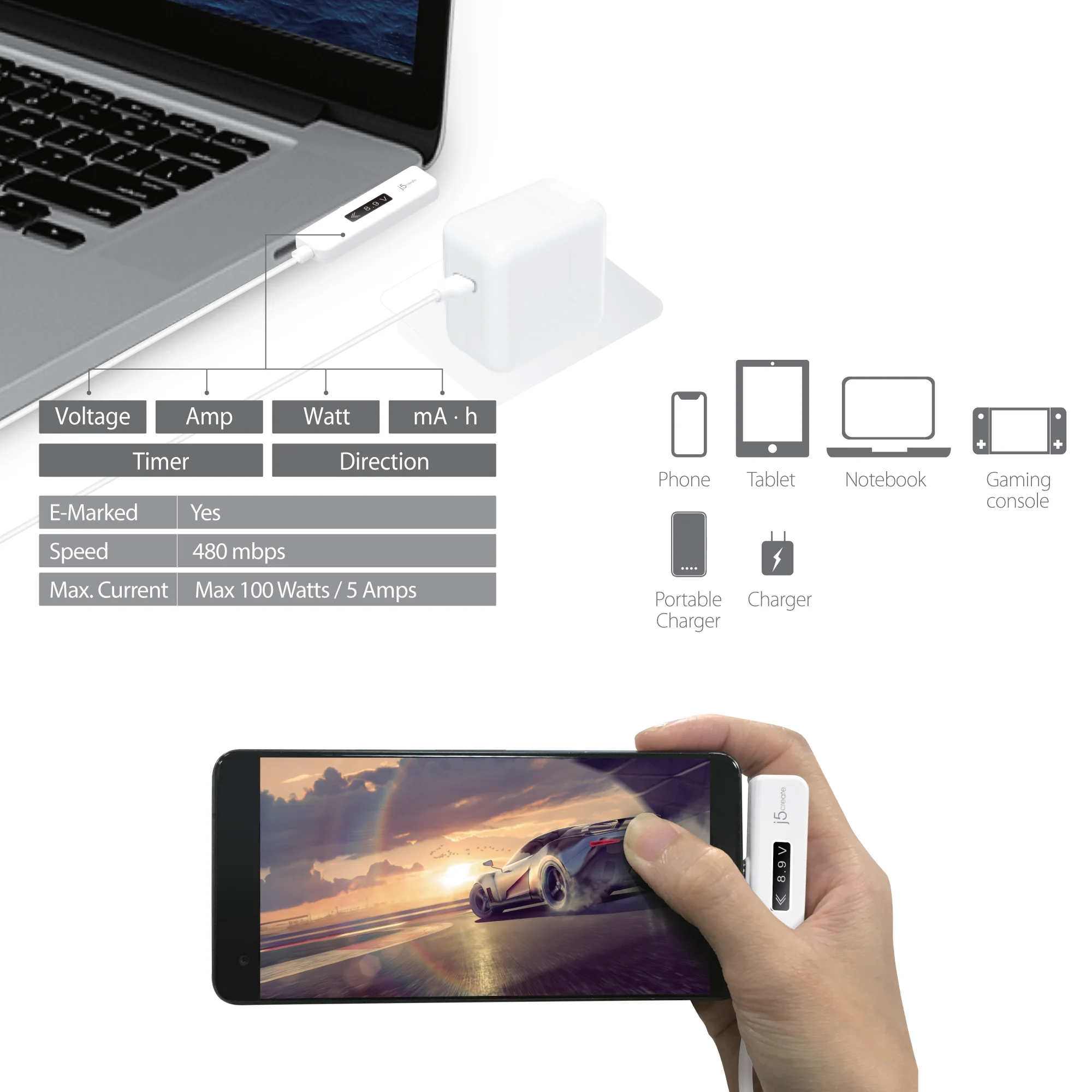 USB-C™ Dynamic Power Meter Right Angle Charging Cable - Image 10